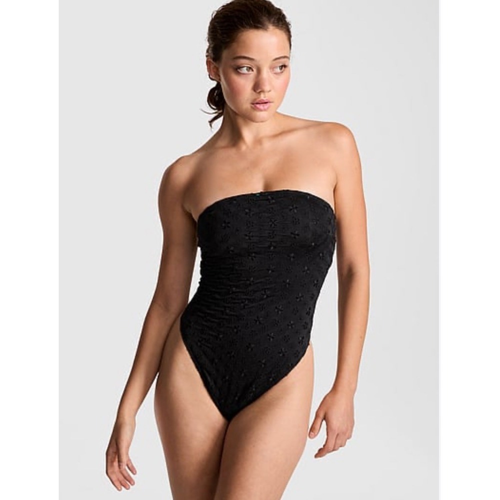 Frankies Bikinis Francis One Piece Swimsuit Black Eyelet Strapless Bandeau L